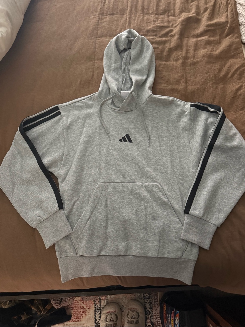 adidas Gray Pullover Hoodie with Black Sleeve Stripes